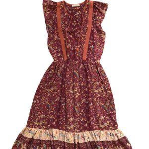 Ulla Johnson Tiered Midi Dress Womens 2 Maroon Orange Tiered Floral Silk V-Neck